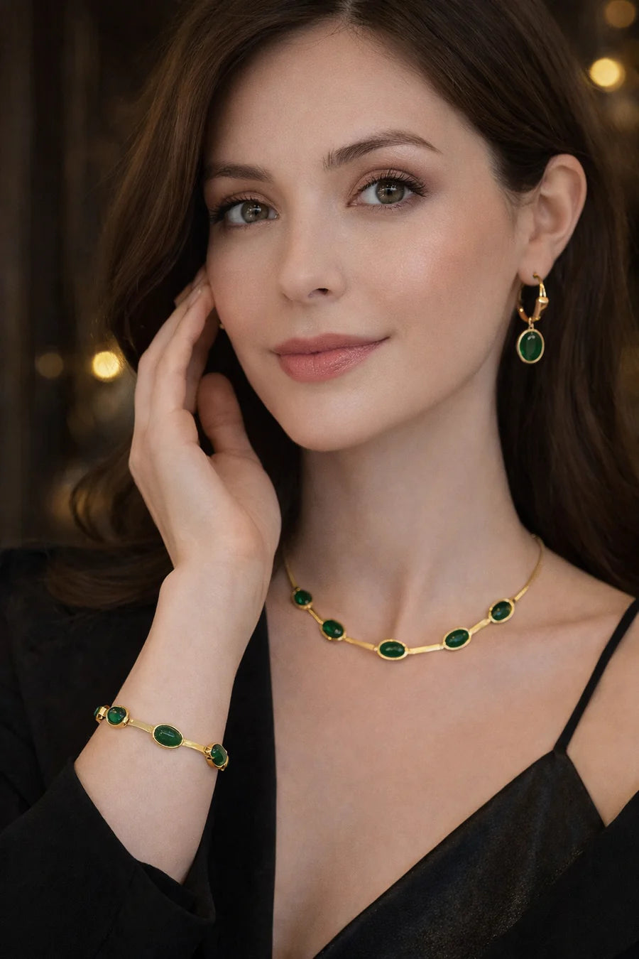 Oval Green Crystal Pendant Necklace Set With Bracelet