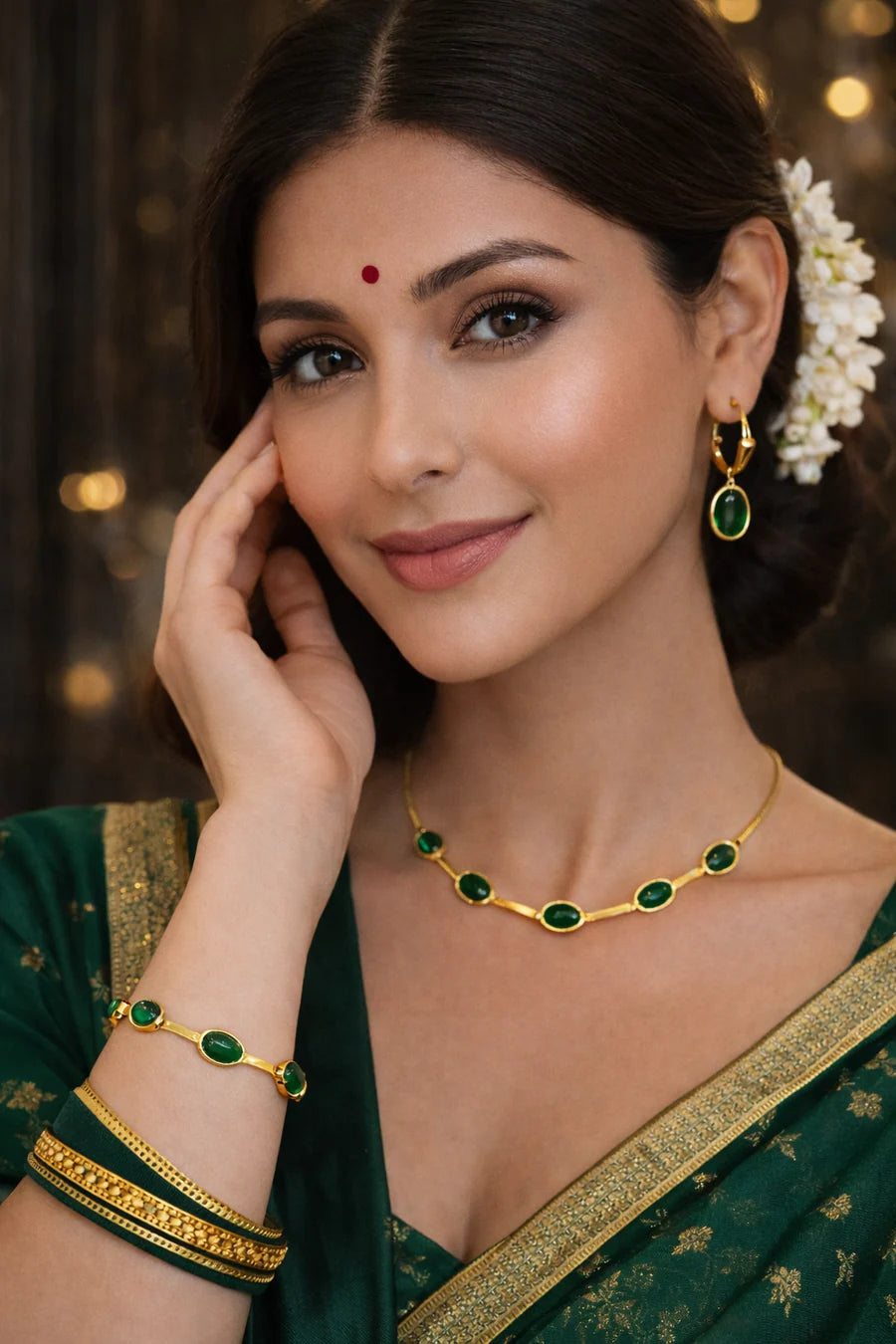 Oval Green Crystal Pendant Necklace Set With Bracelet